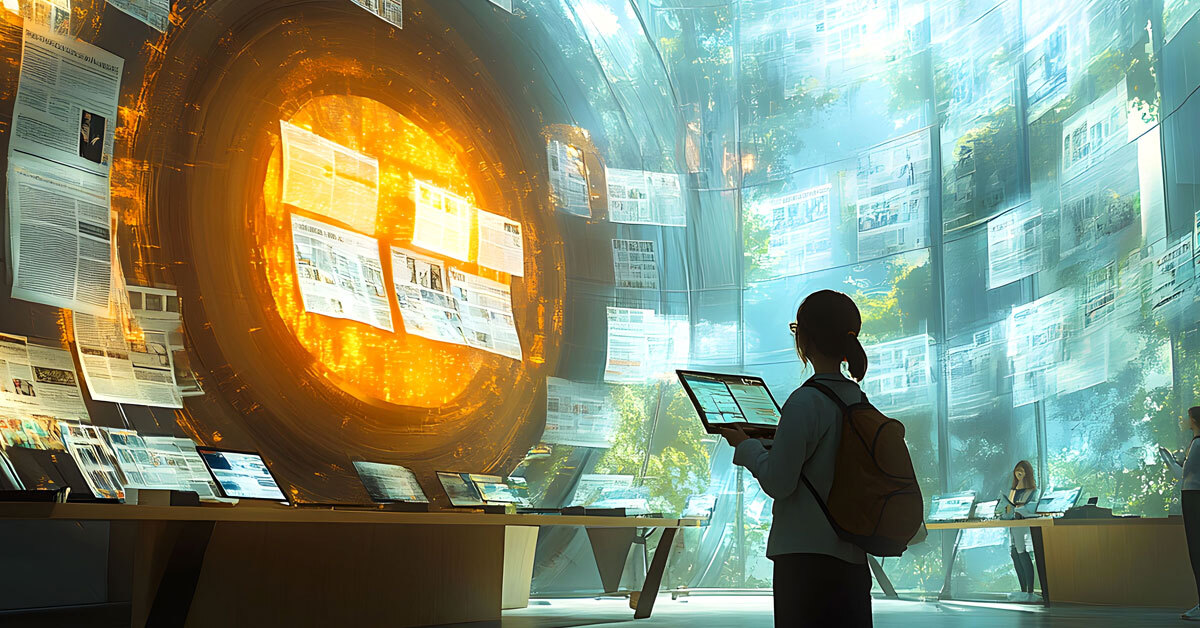 kind steht im Wald vor futuristischem Portal