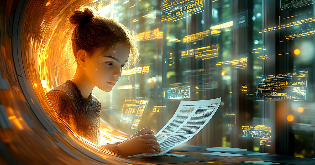 Mädchen mit Laptop in futuristischem Setting